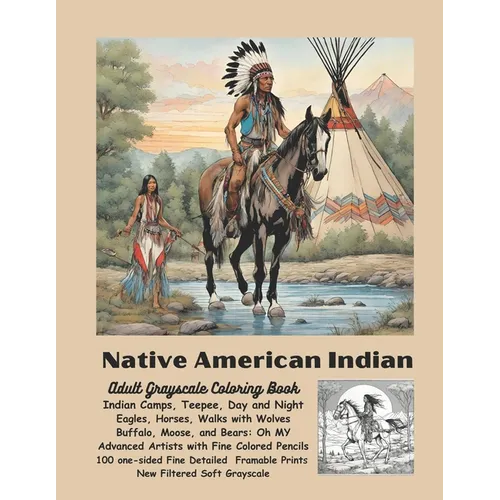 Native American Indian Adult Grayscale Coloring Book: Indian Camps, Teepee Day and Night, Eagles, Horses, Walks with Wolves, Buffalo, Moose, Bears: Oh