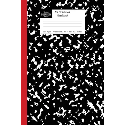 A5 Notebook Hardback: Black and Red Spine Marble Wide Rule Journal