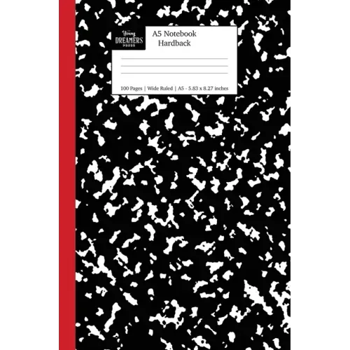 A5 Notebook Hardback: Black and Red Spine Marble Wide Rule Journal