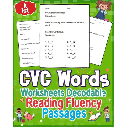 CVC Words Worksheets Decodable Reading Fluency Passages for GRAD K to 1st: Enhance GRAD K to 1st reading skills with engaging CVC words worksheets and