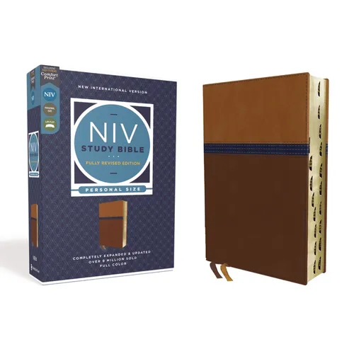 NIV Study Bible, Fully Revised Edition, Personal Size, Leathersoft, Brown/Blue, Red Letter, Thumb Indexed, Comfort Print